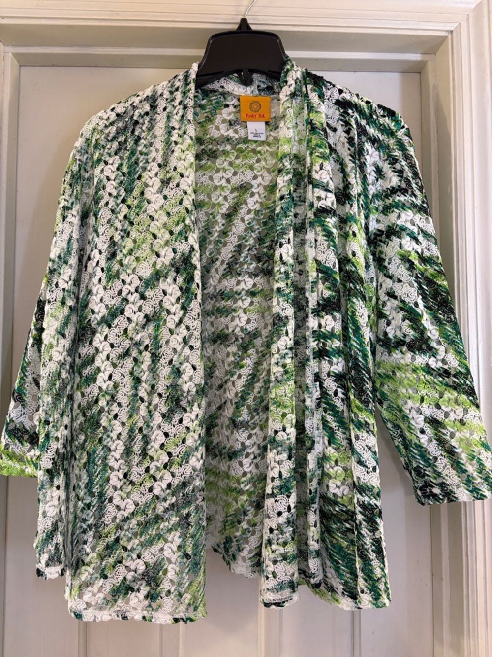 Ruby Rd. Open Front Green, White & Black Patterned Lace Cardigan